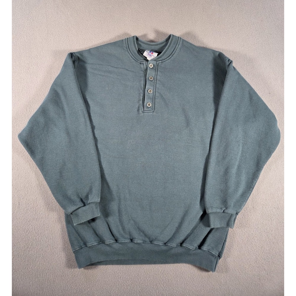 Vintage Russell Athletic Sweatshirt Mens Medium Tall Green High Cotton Henley US